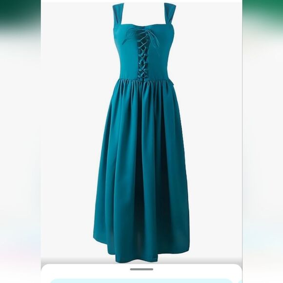 Cottagecore Women’s Large Turquoise Blue Dress Lace Up Front Flowy Boho NEW - Picture 1 of 10